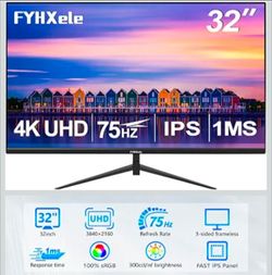 32 Inch 4K UHD 3840 * 2160 Computer Monitor 75hz 1MS, IPS Monitor for Design, Casual Gaming, Work, Ultra-Slim Bezel Monitor Support Adaptive-Sync,100%