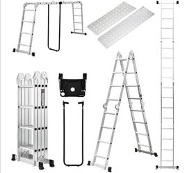 15.5FT Aluminum Extension Ladder with Tool Tray, 2 Platform Plates, 7 in 1 Heavy Duty collapsible ladder
