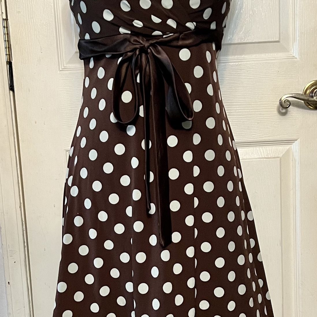 Medium brown with white  polka dots halter dress, “City Triangles”