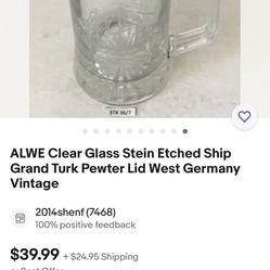 ALWE Clear Glass Stein Etched Ship Grand Turk Pewter Lid West Germany Vintage