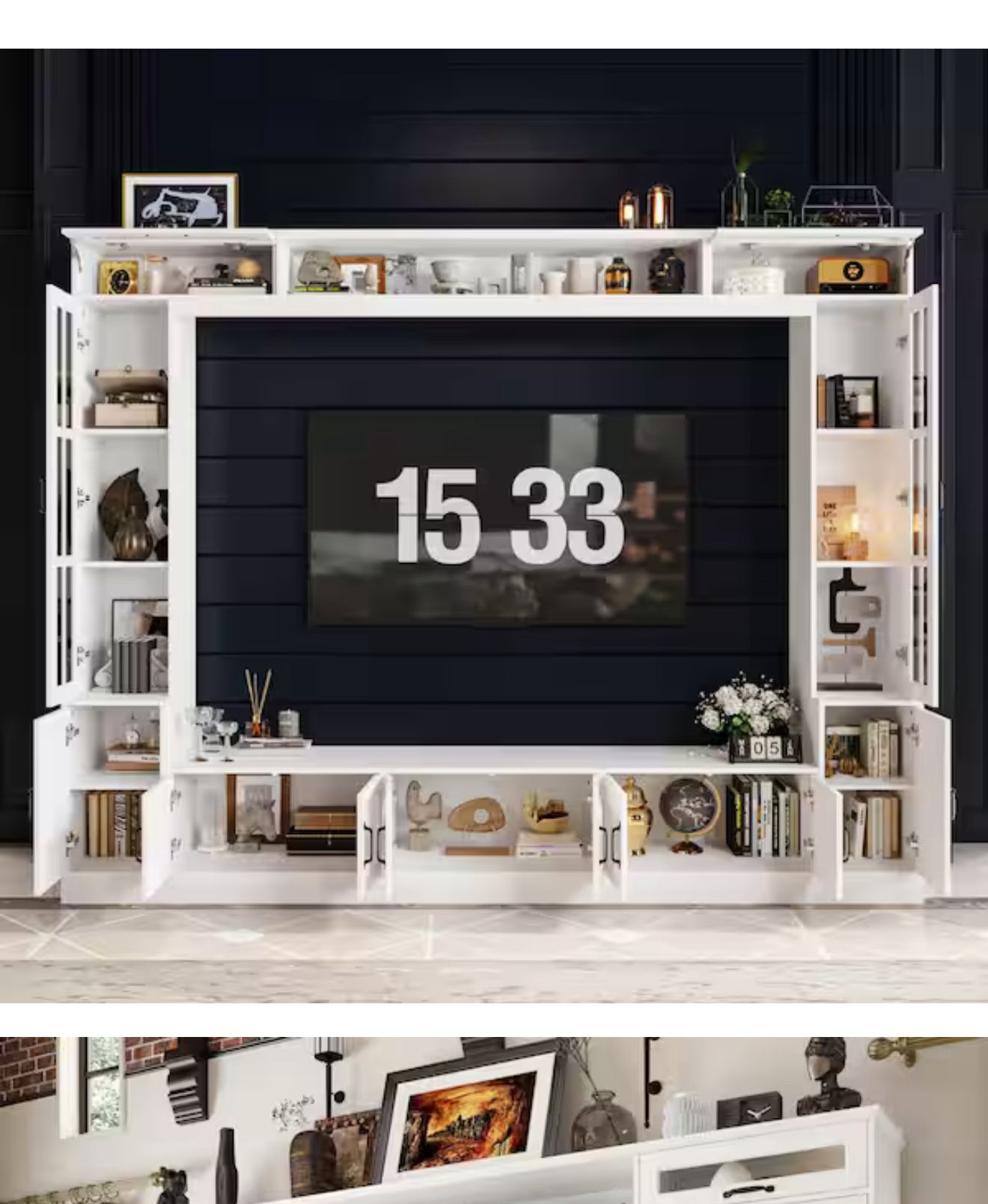 FUFU&GAGA 4-Piece White Wood Entertainment Center TV Stand with Tempered Glass Doors, TV Console, Bookshelves for TVs up to 73 in