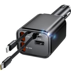 69W Fast Charging USB C Car Charger, 4-in-1 Retractable Phone Charger