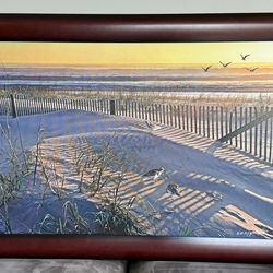 Framed Beach Sunset Painting