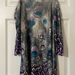 Come N See Colorful Tunic Top 3/4 Sleeve Open Shoulder Soft Silky Slinky Purple Teal Gray White Black Flared Size Medium