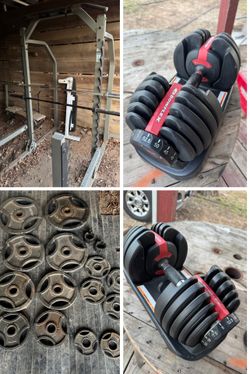 Squat Rack, Weighted Plates, And Bow Flex Dumbbells