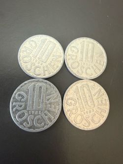 1981,1983,1987,1988 Austria 10 Groschen Coins