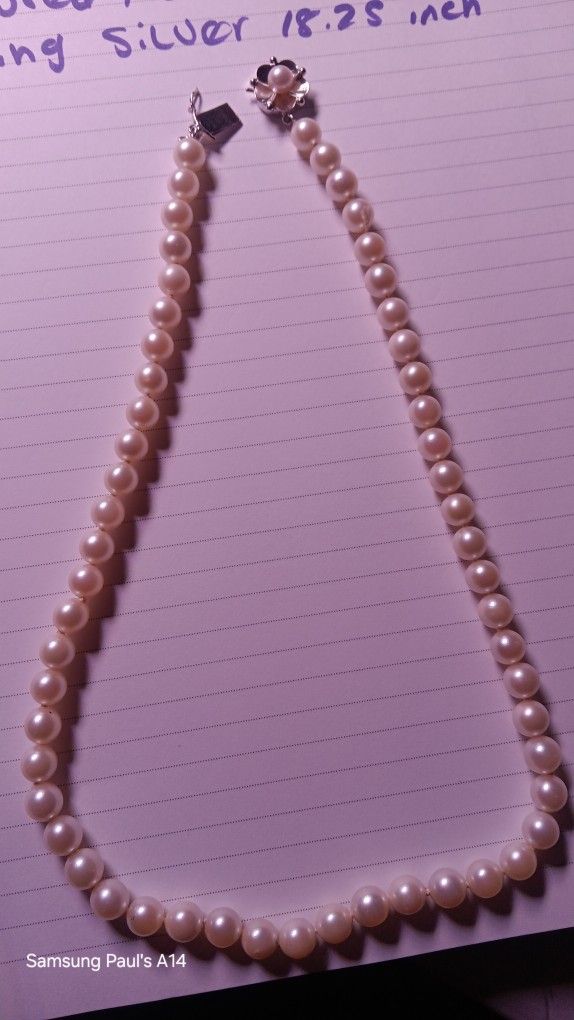 Vintage 6.5mm Genuine Saltwater Akoya Pearl Necklace 17” Sterling Silver Ornate Clasp High Luster Excellent Condition