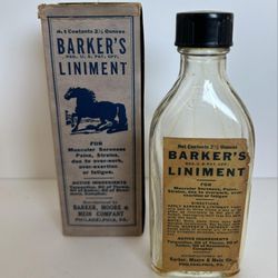 Barker’s Liniment Empty Bottle With Label Apothecary In Box Patent Medicine Antique General Store Decor