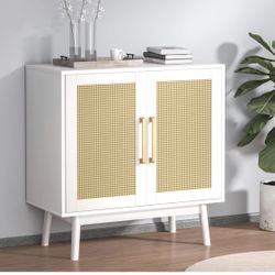 Rattan Cabinet, Modern White Storage Cabinet with Natural Rattan Doors and Gold Handles, Sideboard Buffet Cabinet w/ Storage Adjustable Shelf, Accent 