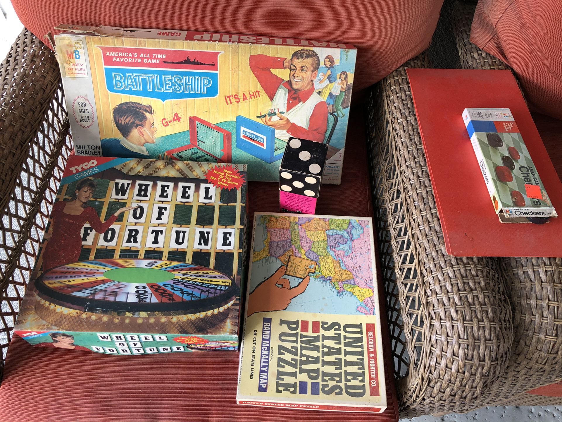 Original Battle Ship And Wheel Of Fortune Board Games  + 3 Other Games/Lot of 5 Total