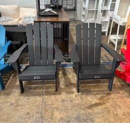 Folding Adirondack Chair Set of 2, HDPE Adirondack Chairs with 2 Cup Holder, Plastic All-Weather Fire Pit Chairs, Black
