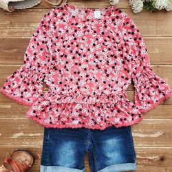 SIZE 10-12 GIRLS 2-PIECE OUTFIT ORANGE THREE-QUARTER COTTON FLORAL TUNIC W/DARK DISTRESSED DENIM JEAN SHORTS