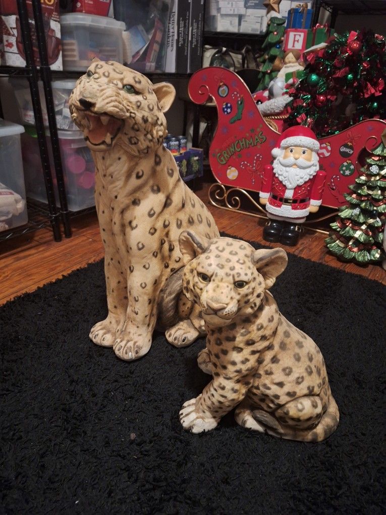 Large Vintage Leopard And Cub Statues