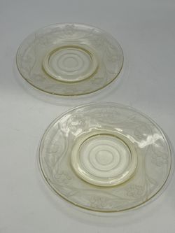 1930's Yellow Depression 2 Glass Saucers Salad Plates Acid-Etched Flowers 6” 