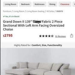LIVING SPACES GRAND DOWN || 139" FABRIC 2 PIECE SECTIONAL WITH LEFT ARM FACING OVERSIZED CHAISE