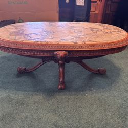 Antique Grosfeld House French Regency Plume Carved Mahogany Marble Coffee Table