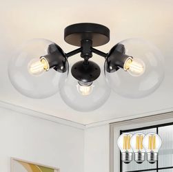 7855: 3-Light Modern Black Semi Flush Mount Ceiling Light Clear Glass Globe Ceiling Lights Mid Century Black Chandelier 3 Light Sputnik Ceilings Light