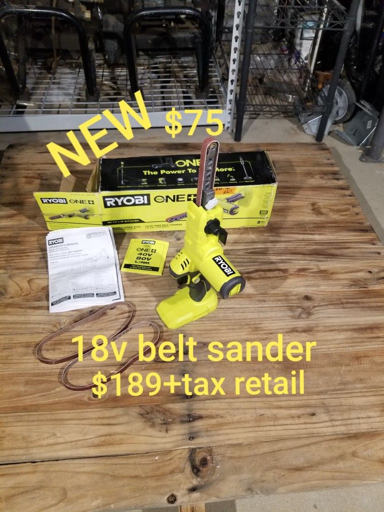 new in box ryobi 18v belt sander with extra belts $189+tax retail - Main Image