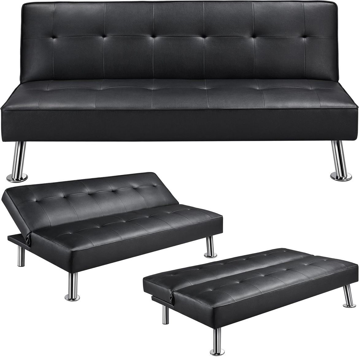 Convertible Sofa Couch Bed Faux Leather Sofa Bed Sleeper Adjustable Loveseat Futon Couch Living Room Furniture with Chrome Metal Legs
