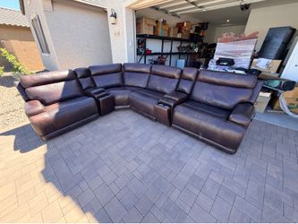 Living Spaces Vance brown leather couch with power recliners