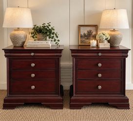 Matching Pair New Classic 4-Drawer Nightstands | Dark Cherry Wood