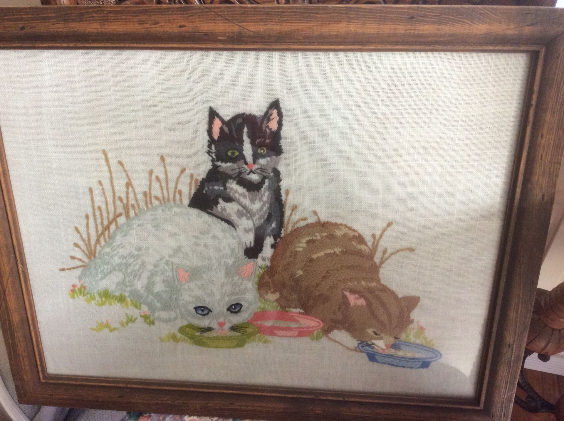 Cat - framed 20 x 16 vintage cross-stitch