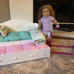 American girl doll bed, gymnastics bar and doll