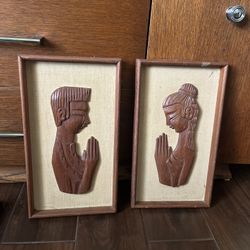 2 Vintage MCM Teak Wood Carved Figures Framed Wall Art Praying Pair 8 × 15" Witco