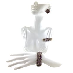 1980s Modernist 3 Pieces Set, Bracelet Earrings, Brooch, Gemstones Inlay, Mixed Metals, Ceramic Clay, 80s Statement Jewelry