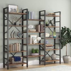 C0457 70 inch Triple Wide 5-Shelf Bookcase, Vintage Industrial Style Wood and Metal Etagere, Large Open, Bookshelf, Shelves, bookcases Furniture, Home