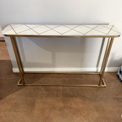 Gold Metal Entryway Table with Geometric Tile Design