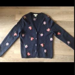 NEW Eddie Bauer Women Embroidered Crochet Flower Flora Knit Crochet Navy Blue Cardigan Sweater Button Down Jacket Coat  Size XS-S