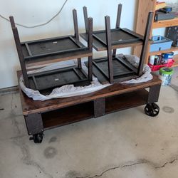 Wood Coffee Table With Metal Wheels And Two Side Tables