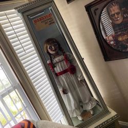 Annabelle doll with Antique Display Case. Horror Collectible 