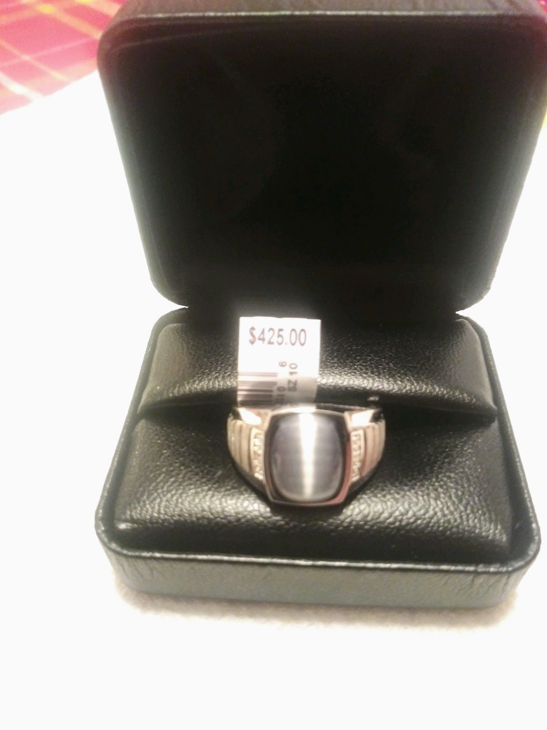 Sterling Silver. Men's Size 10 Sterling Silver Grey Cat's- Eye & Diamond Accent Ring.