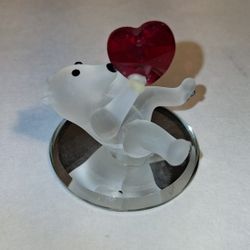 SMALL 2" crystal glass bear holding red heart on mirror base figurine $5 FIRM