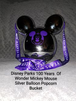 New Disney Parks 100 Years Of Wonder Metalic Purple Mickey Mouse Balloon Popcorn Bucket With Lanyard