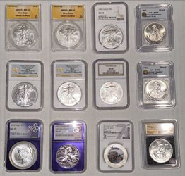 12 - Graded & Cerified One Ounce .999 Silver Coins / Eagles , Englehard More