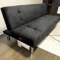 Black Futon Sofa Couch Bed with attached power strip