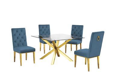 New Estella 5-pc Set 48”x48” With Blue Velvet Chairs Gold Base 