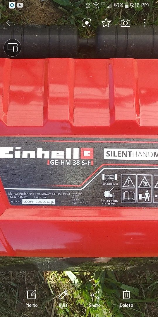Einhell GE-HM 38 S-F Manual Deluxe 15-Inch 5-Blade High-Quality Steel Reel Mowing System Push Reel Mower