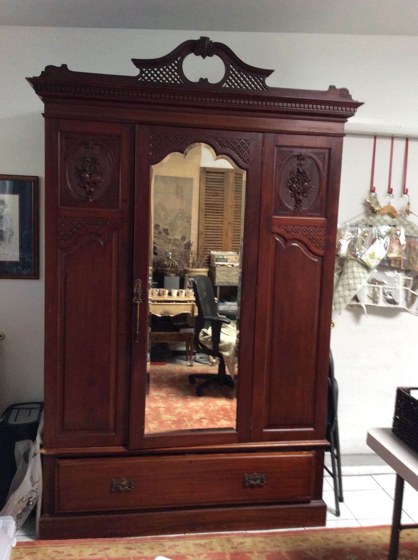 1900’s Vintage Mirrored Armoire with Crown Antique with original Key and hardwares