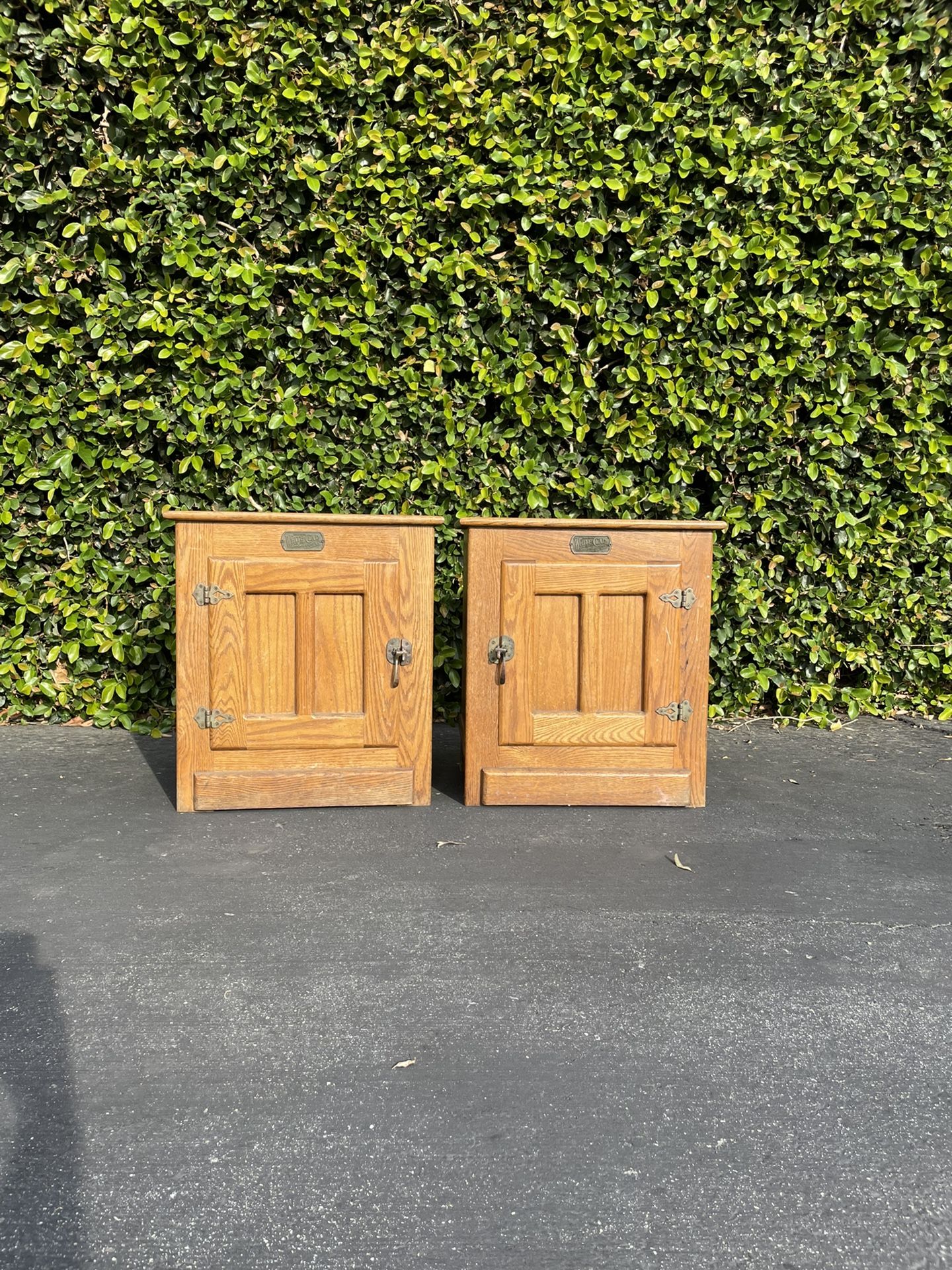 Pair of White Clad Vintage Ice Box Side Table Brass Hardware Good Shape Over All