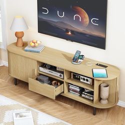 69" TV Stand with Power Outlet for TVs up to 80", Oak