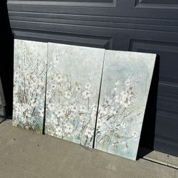 Blue Beige White Floral Flower Painting Canvas Decor Home Wall