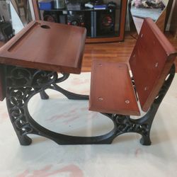 Doll Sized Old Fashioned School Desk Reddish Brown Wood & Black Cast Iron Legs