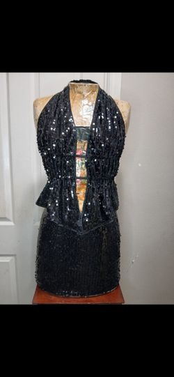 NWT SHEIN Backless Draped Neck Black Sequin Mini Skirt Set
