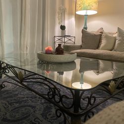 Big Wrought Iron Glass Top Coffee Table 
