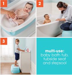 Summer Right Height Bath Tub – Elevated and Spacious Baby Bathtub with Newborn Bath Support – Extended Use Features Include Tubside Seat and Stepstool