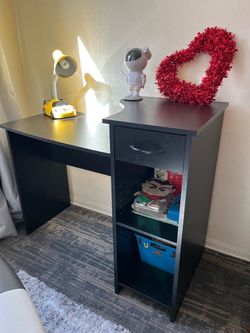 Black Wood Student Desk with Drawer and Shelves